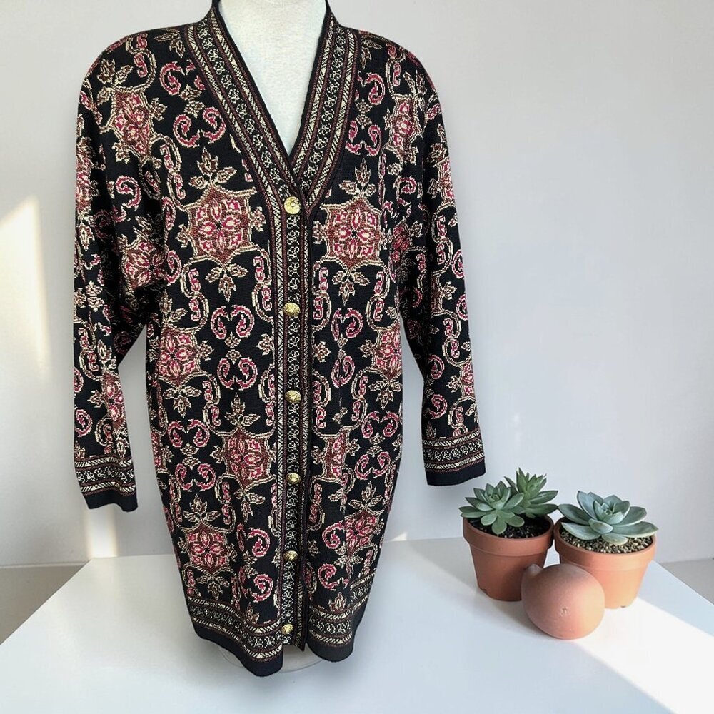 Jeanne Pierre Cardigan Sweater Black Gold Tapestry Tunic Length Size Small